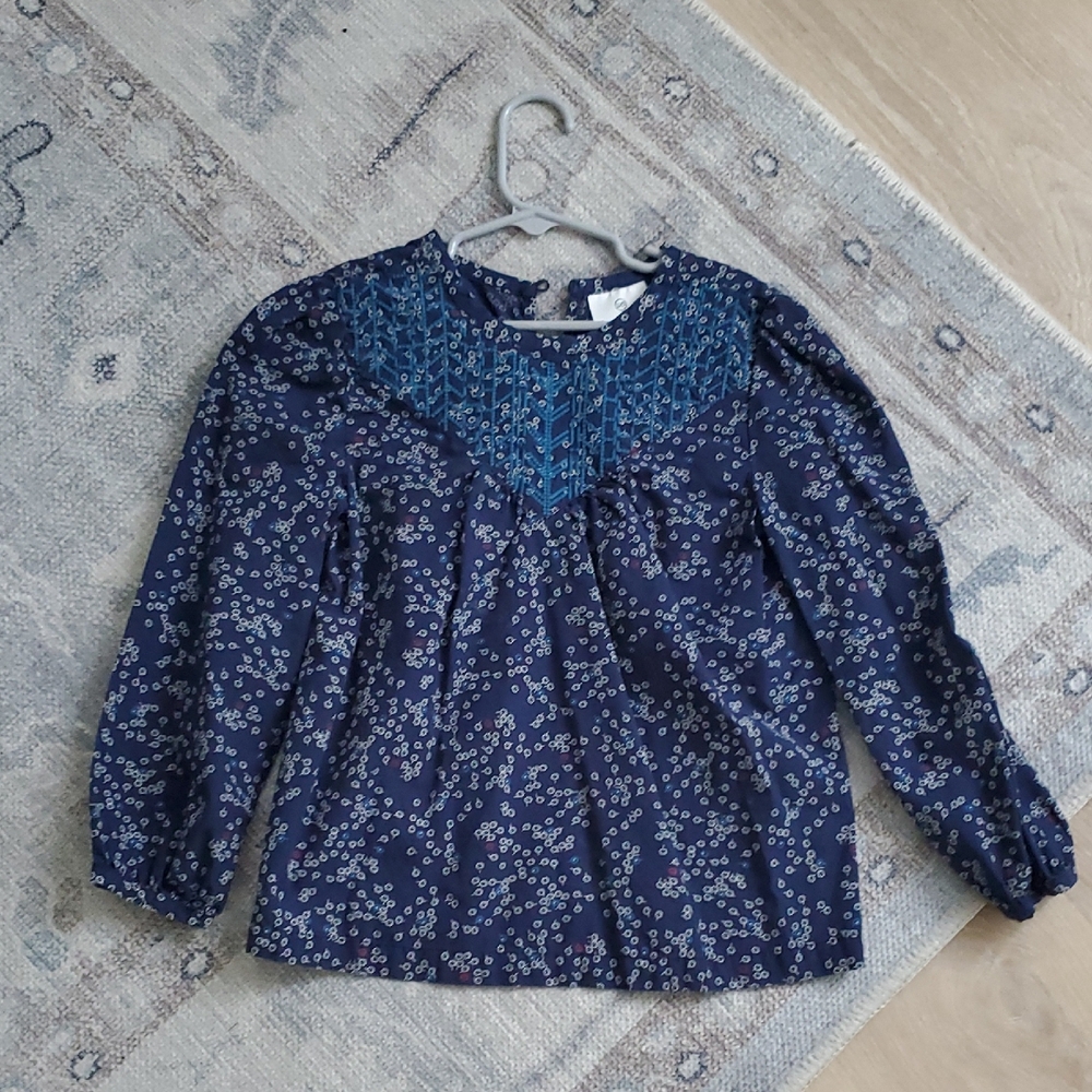 Hanna Anderson Girls Long Sleeve Embroidered Blue Flower Shirt Top Sz120/6-7y